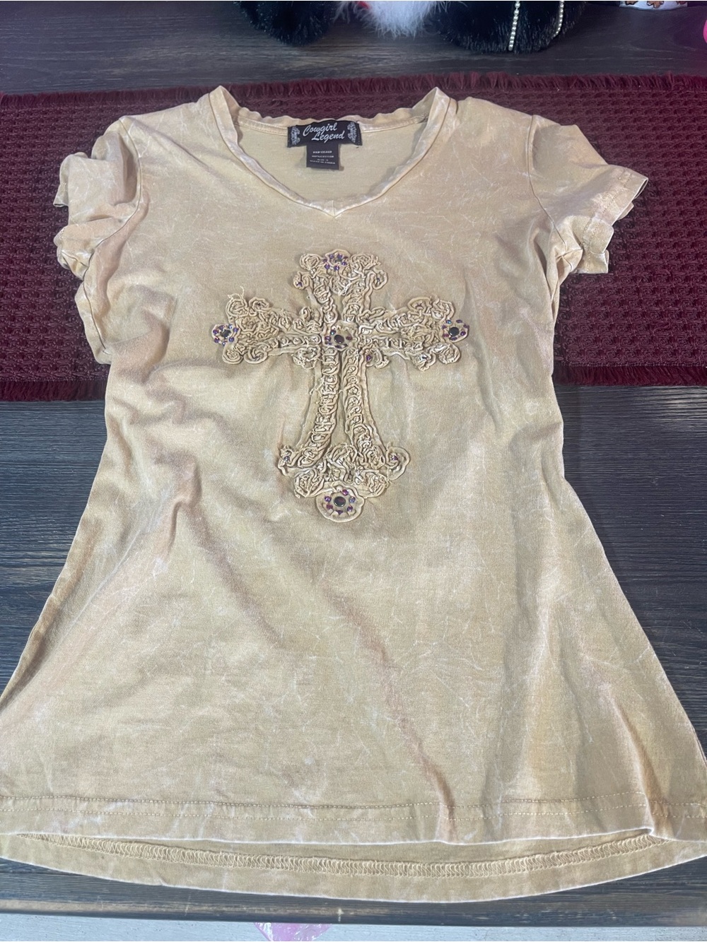 Cream Gold Cross Embellished V-Neck Tee